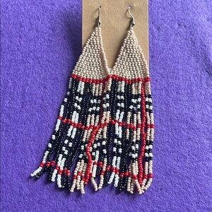 Elegant Beaded Fringe Earrings - Red, Black, Cream